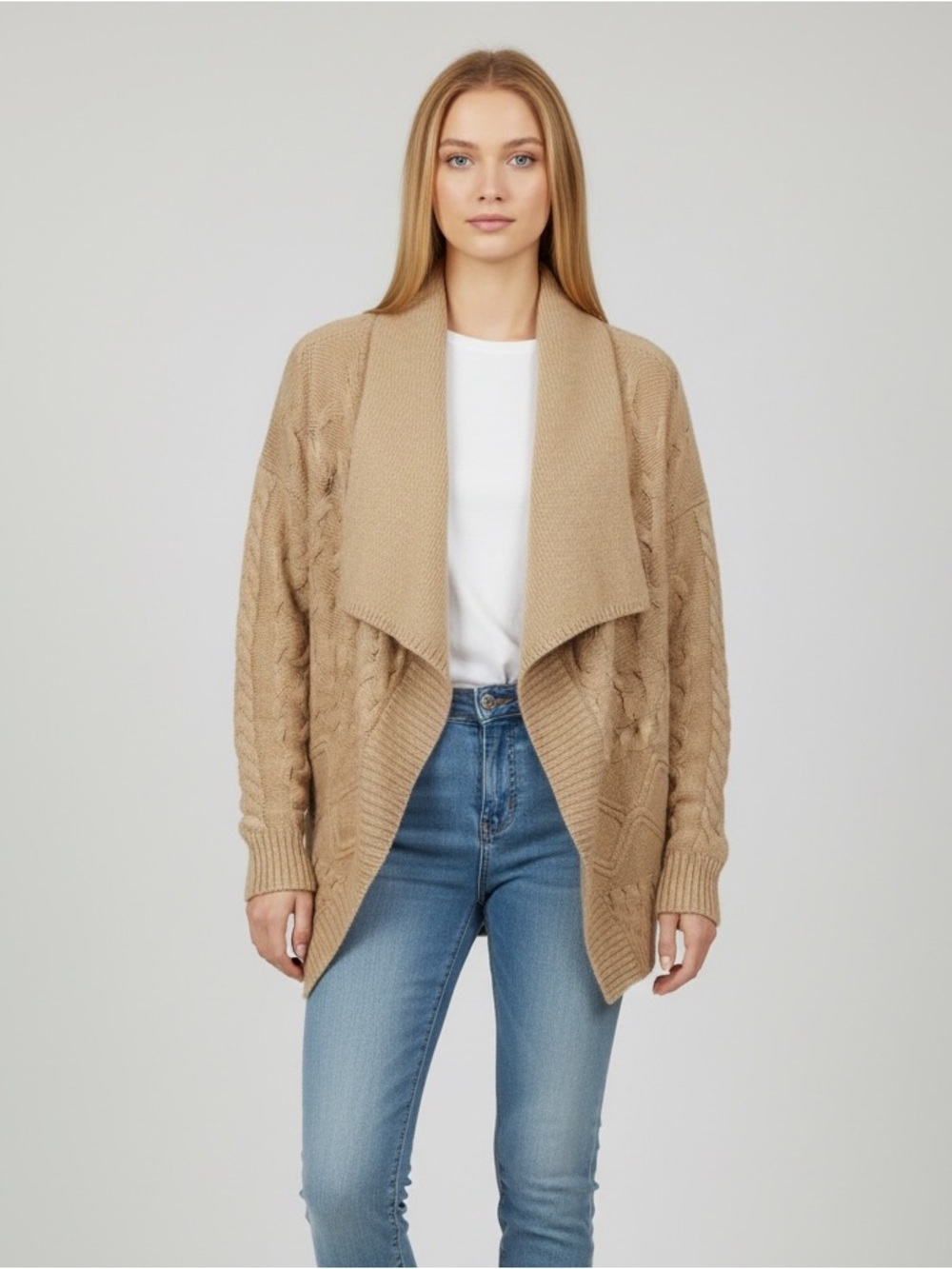 100% Cashmere Beige Cable Knit Open-Front Cardigan Sweater